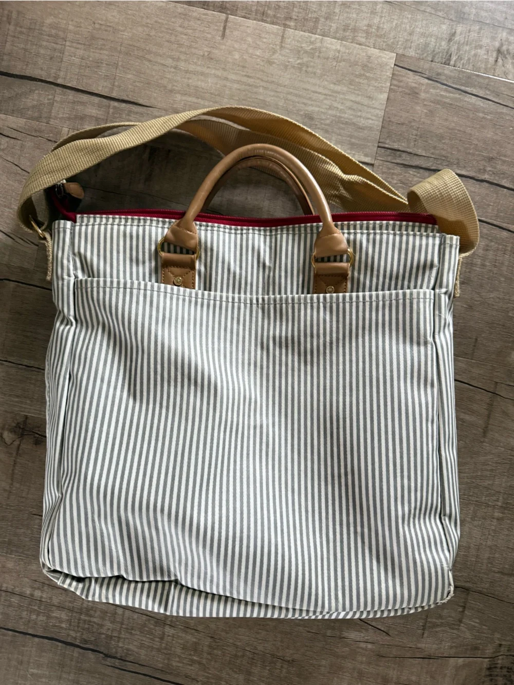 Striped Gray & White Weekender/Diaper Bag with Tan Accents